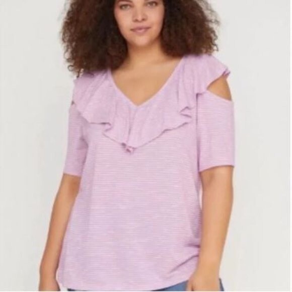 Lane Bryant Purple Stripe Cold Shoulder Ruffle Top Size 14/16 - Picture 1 of 8